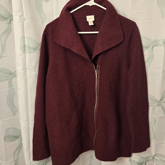 Chicos 2 100% Boiled Wool Asymmetric Zip Burgundy Sweater Jacket XL - Picture 2 of 8